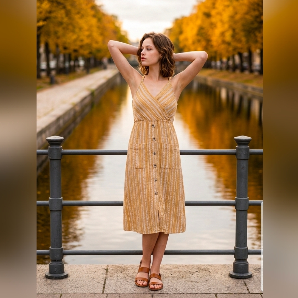 Indigo Rein Tan Striped Midi Dress